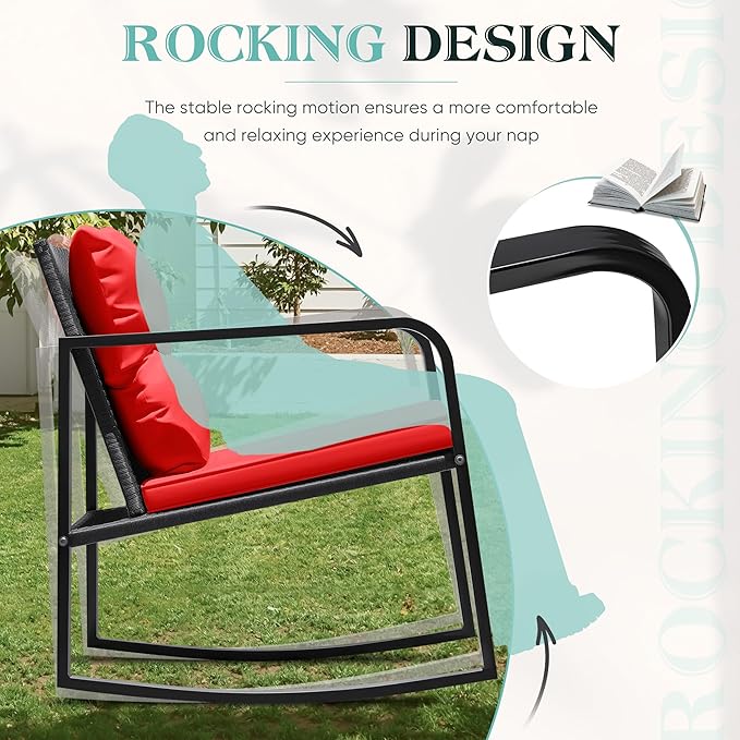 Greesum 3 Pieces Rocking Wicker Bistro Set, Patio Outdoor Furniture Conversation Sets with Porch Chairs and Glass Coffee Table, Red