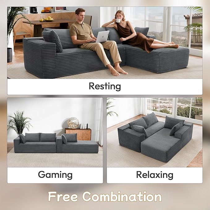 105" Cloud Sectional Couch with L-Shape Chaise,Modern Modular Sofa with Deep Seat, Fluffy Boneless Couches for Living Room Bedroom,No Assembly Required, Dark Gray (Plush Flannel Fabric)