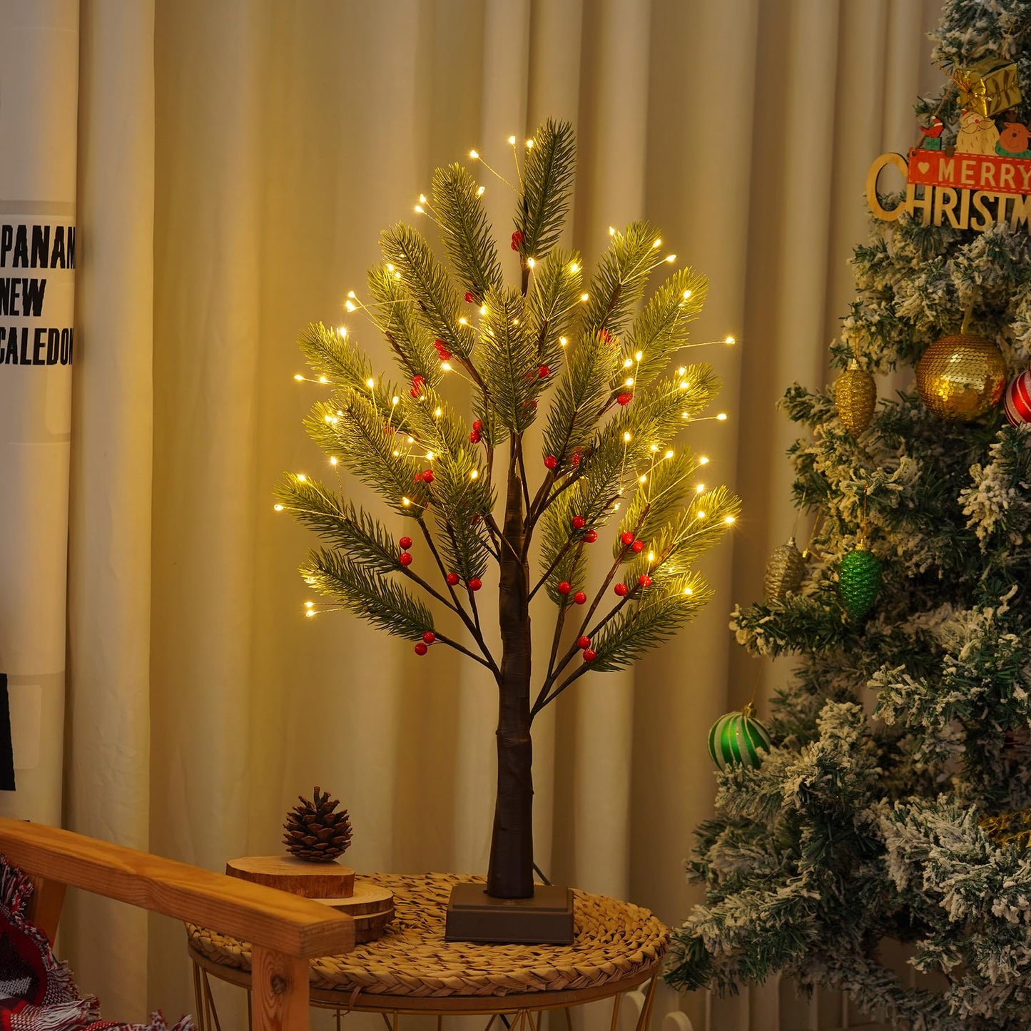 PXBNIUYA 72 LED Artificial Lamp with Timer, DIY Christmas Tree Lights, USB/Battery Powered Desktop Bonsai Tree Pine Needles, Fairy Light Spirit Tree for Indoor Table Home Wedding Bedroom-Warm White