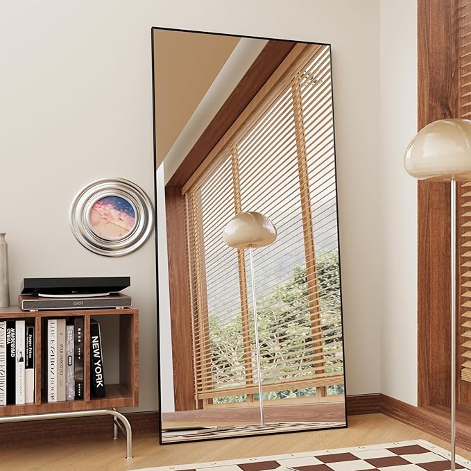 FANYUSHOW Full Length Mirror, Standing Hanging or Leaning Body Mirror, Simple Rectangle Design, Aluminum Alloy Thin Frame, Floor Mirror for Bedrooms, Bathrooms, Living Room 65"x22" (Black)