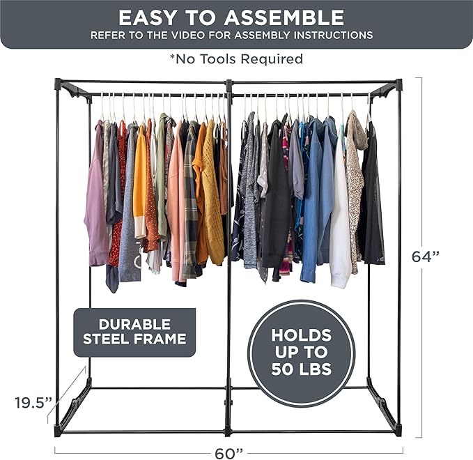HOLDN’ STORAGE Portable Wardrobe Closet - 65 lb Large Capacity, Internal Heavy Duty Metal Rod, Zipper & Clear Window, Durable Clothes Organizer, Tool-Free Easy Assembly, Dark Gray Canvas Cover