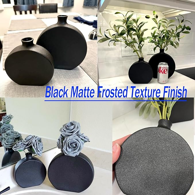 Black Ceramic Vase Set of 2, Boho Vase for Decor, Matte Frosted Texture Finish,Modern Rustic Farmhouse Home Decor,Vase for Pampas Grass&Dried Flowers,idea Shelf,Table,Mantel,Entryway