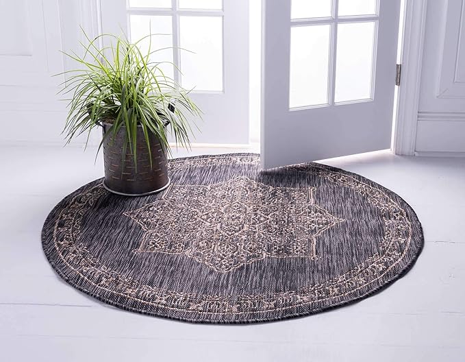 Unique Loom Outdoor Traditional Collection Area Rug - Antique (4' 1" Round, Charcoal Gray/ Natural)