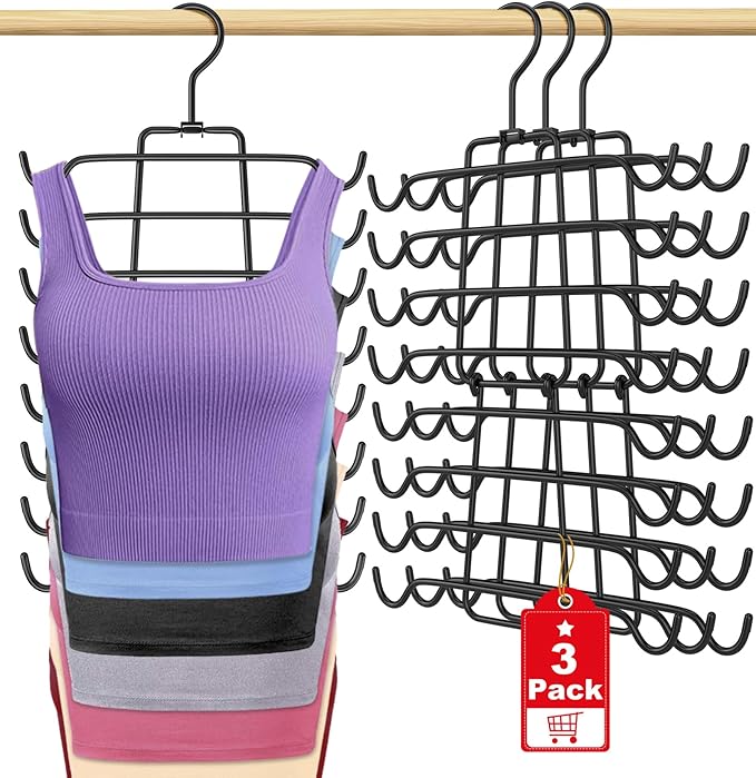3Pcs Tank Top Hangers Space Saving Hanger Organizer Bra Hangers for Closet Organizer 360° Rotating Metal Closet Organizers and Storage Lingerie Hangers for Cami Bras Belts Swimsuits Lingeries Black