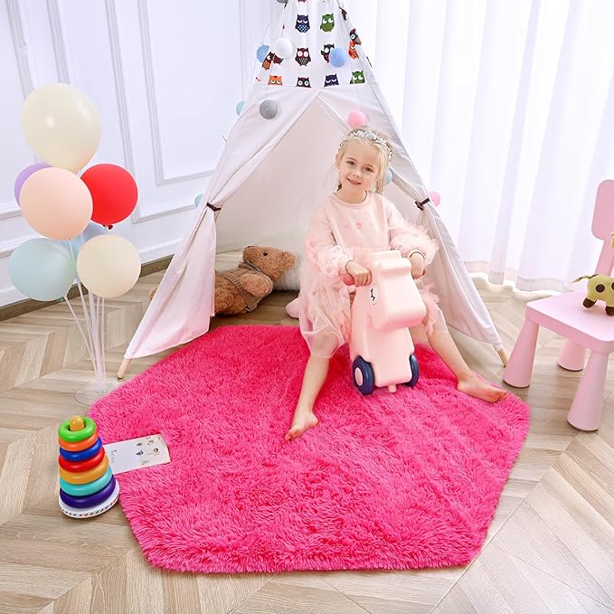 junovo Ultra Soft Rug for Nursery Children Room Baby Room Home Decor Dormitory Hexagon Carpet for Playhouse Princess Tent Kids Play Castle, Diameter 4.6 ft, Hot-Pink