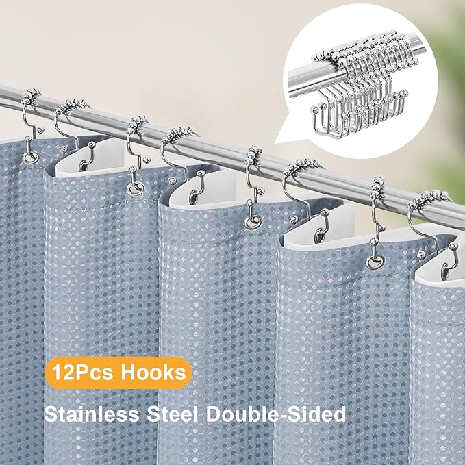 3 in 1 Long Blue Shower Curtain Set-72 W x 78 H, Fog Blue Waffle and PEVA Liner Set with 12 Stainless Steel Hooks, Waterproof Fabric for Bathroom