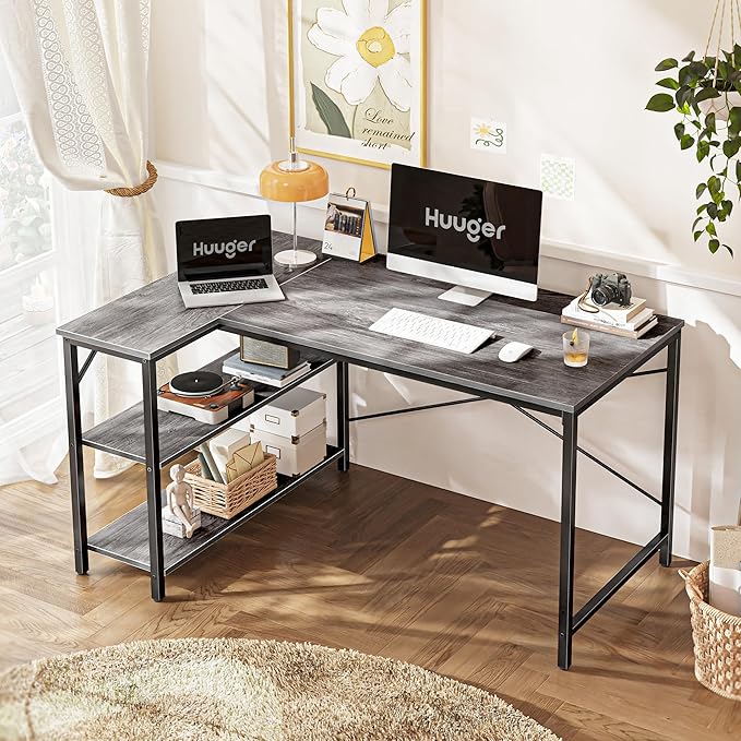 Huuger L Shaped Desk, 47 Inches Computer Desk with Reversible Storage Shelves, for Gaming Corner Home Office Writing Study, Metal Frame, Gray