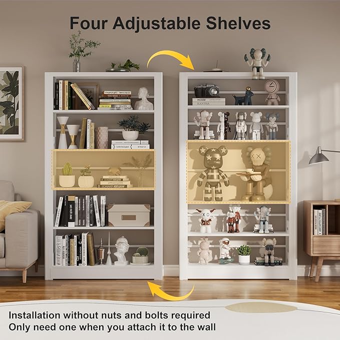 69” Tall Metal Bookshelf,5-Tier Bookcase with Adjustable Storage Shelves,Floor Standing Unit,Heavy Duty Bookcase for Home Office, Living Room, Bed Room,White Display Shelves,H69*W36*D11.8 Inch