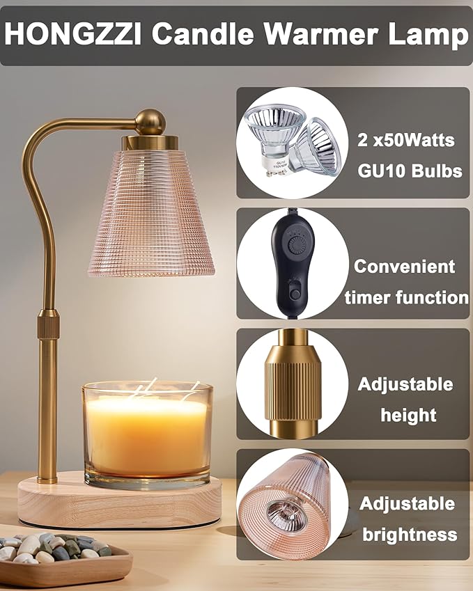 Candle Warmer Lamp with Timer, Dimmer, Adjustable Height, 2 Replacement Bulbs, Electric Candle Warmer for Jar Candles, Decorative Candle Lamps (Gold)