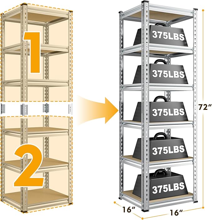 REIBII Storage Shelves 6 Tier Garage Shelving Heavy Duty Metal Shelving Loads 2250LBS Adjustable Garage Shelves for Warehouse Pantry Kitchen Closet 16" W x 16" D x 72" H, Silver