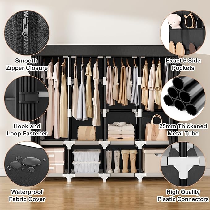 VTRIN Wardrobe Closet, 25mm Steel Tube Sturdy Portable Closet for Hanging Clothes, 67.3 Inch Portable Closet Wardrobe with Cover, 4 Hanging Rods, 8 Shelves, Free Standing Clothes Rack for Bedroom