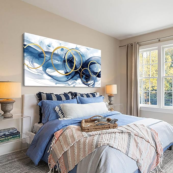 HKDGOKA Abstract Wall Art Living Room - Large Canvas Gold Blue Gradient Canvas Paintings Wall Artwork Modern Office Bedroom Pictures for Kitchen Bathroom Wall Decor 29x58 In