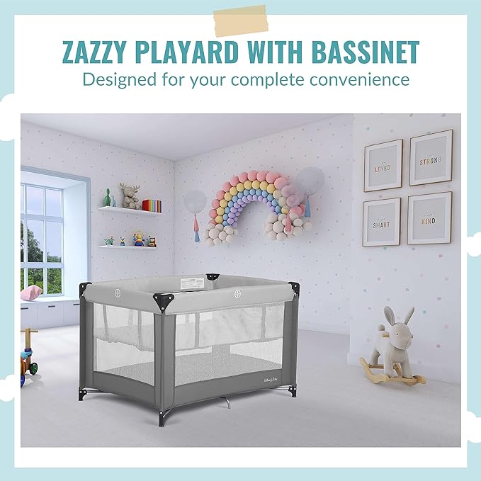 Dream On Me Zazzy Portable Playard with Bassinet in Grey, Packable and Easy Setup Baby Playard, Lightweight and Portable Playard for Baby with Mattress and Travel Bag