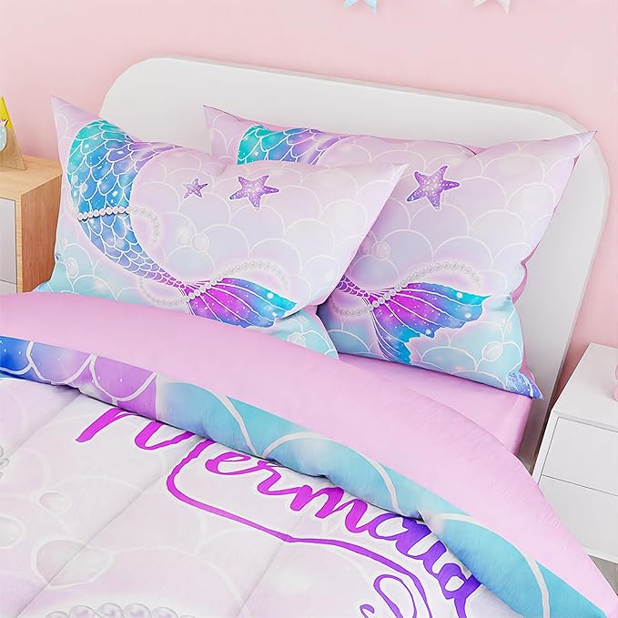 SANDJEST Mermaid Duvet Cover Sets Twin Size for Kids Girls, Include 1 Polyester Comforter Cover 68x86 Inches and 1 Pillowcase 20x26 Inches, Comforter Not Included, Gift for Christmas Birthday