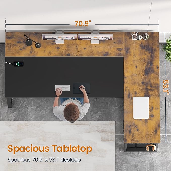 71 in Executive Desk with Power Outlets, Reversible L Shaped Desk with File Drawers & Storage Shelves, Large Office Desk Computer Desk with Pegboard, Mobile CPU Stand, Modern Corner Desk