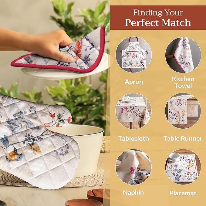 Maison d' Hermine 100% Cotton Oven Mitt & Pot Holder Set (7.5"x13" & 8"x8") Heat Resistant BBQ Cooking Gloves with Loop for Thanksgiving Christmas Decorations Handling Hot Pans (Equinoxe - Beige)