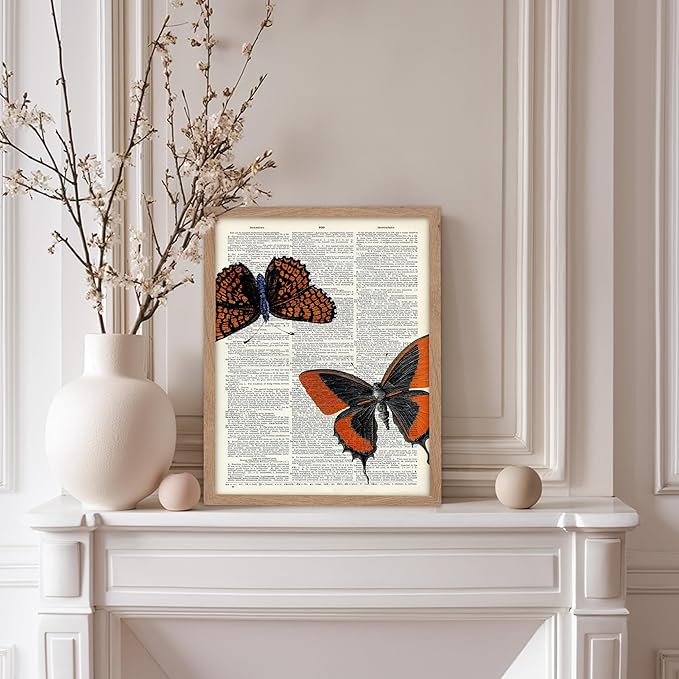 Poster Master Dictionary Art Poster - Butterflies Print - Moth Art - Butterfly Art - Insect Art - Gift for Men, Women & Animal Lover - Chic Decor for Living Room or Bedroom, 8x10 Beige Framed