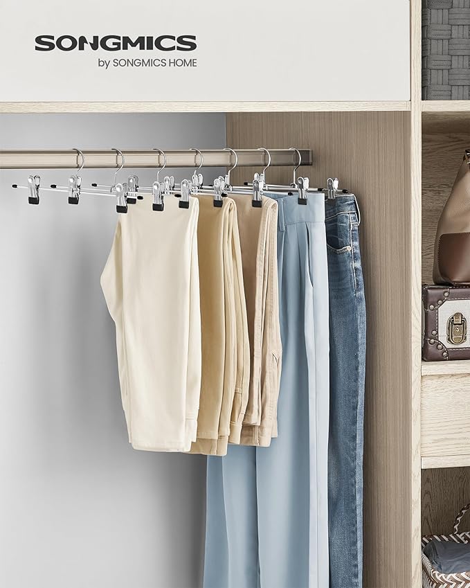 SONGMICS Pants Hangers, Set of 20, 1 Tier Non-Slip Skirt Hangers, Space Saving Pants Organizers, for Closet, Silver and Black UCRI003-20