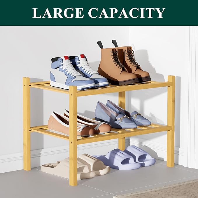 Smiry Bamboo Shoe Rack for Closet, 2 Tier Small Wooden Stackable Shoe Organizer, Free Standing Shoes Storage Shelf for Entryway, Front Door Entrance, Natural