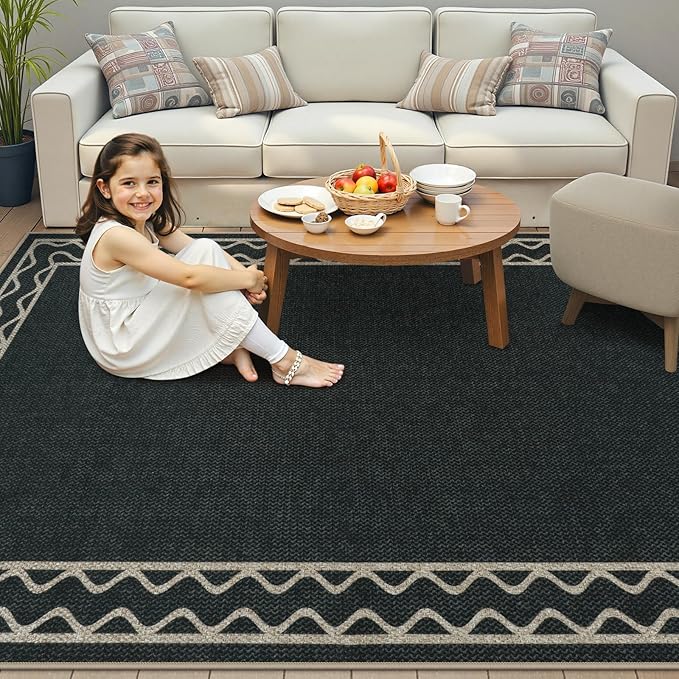 OJIA Easy Jute Washable Rugs 5x7 Outside Rug, Modern Outdoor Patio Rug for Living Room Wavy Border Indoor Outdoor Rug Farmhouse Non-Slip Black Carpet Geometric Area Rug for Backyard Dining Room