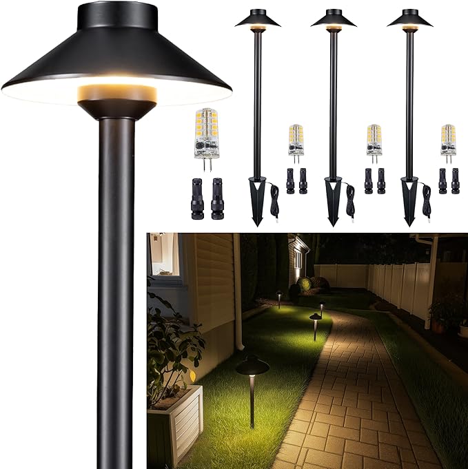 Brass Low Voltage Path Light, 12V Landscaping Pathway Lights IP65 Waterproof, Wired Walkway Lighting Outdoor, LED Black for Outside Backyard with 4000K Neutral White G4 Bulb (4 Pack)