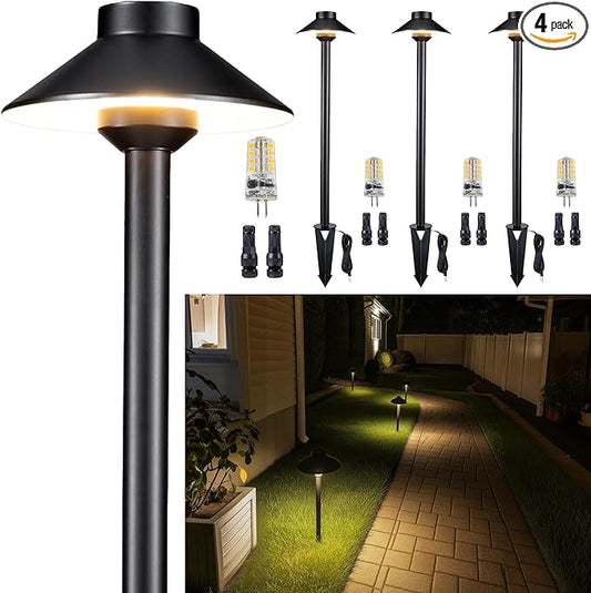 Low Voltage Landscape Lighting Brass - 12v LED Pathway Lights Waterproof, Hardwired Path Light Outdoor, Black for Exterior Patio Garden with 3W 2700K Warm White G4 Bulb (4 Pack)