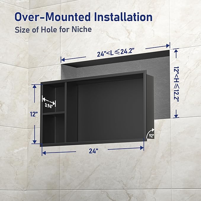 Stainless Steel Shower Niche 24" X 12" Matte Black No Tile Needed Horizontal Niche Shower with Shelf Recessed Wall Niches for Bathroom Storage