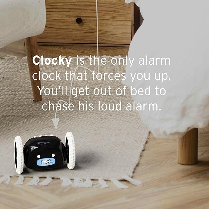 CLOCKY Extra Loud Alarm Clock for Heavy Sleepers on Wheels Rolls Runs Away Vibrating, Easy to Set Super Smart Snooze Digital Bed Shaker Alarm Clock Funny Gift for Adults Kids Teens Bedrooms (Black)