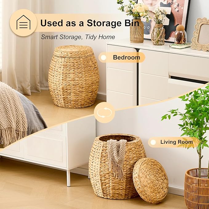 Round Wicker Basket with Lid, Handwoven Water Hyacinth Storage Basket, Blanket Organizer Basket for Laundry, Bathroom, Bedroom, Living Room, Office