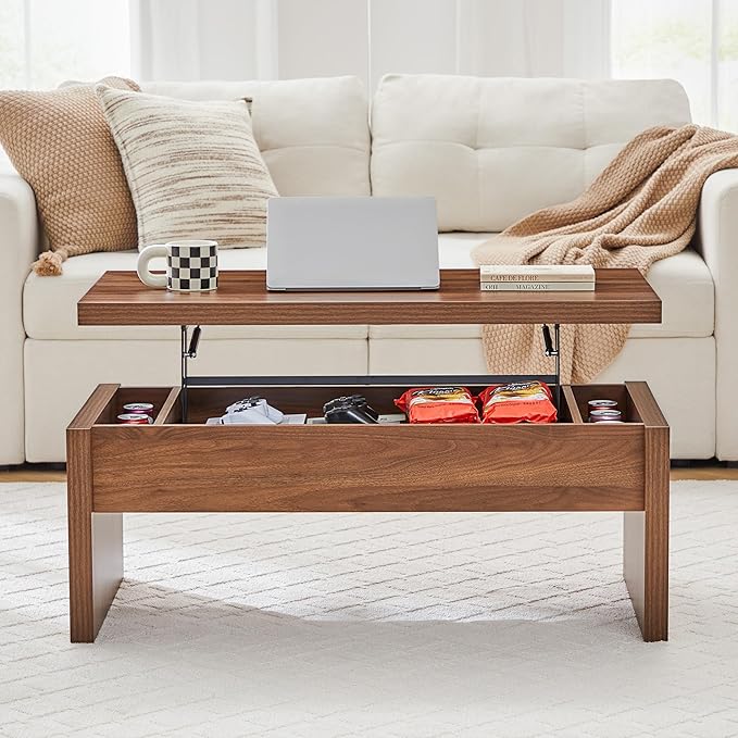 Small Lift Top Coffee Table, Wood Rectangle Coffee Table with Lifting Top and Hidden Storage Compartment, Mid Century Modern Center Tables for Small Space, Living Room, Office (Walnut)