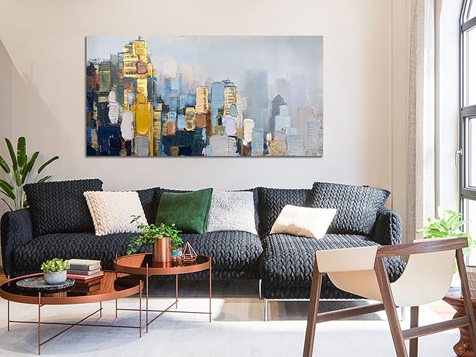 Arjun Abstract Wall Art 3D Textured Skyline Canvas Painting Gold Grey Colorful Modern Cityscape Metropolitan Picture City Artwork Framed Large for Living Room Bedroom Bathroom Home Office Wall Decor