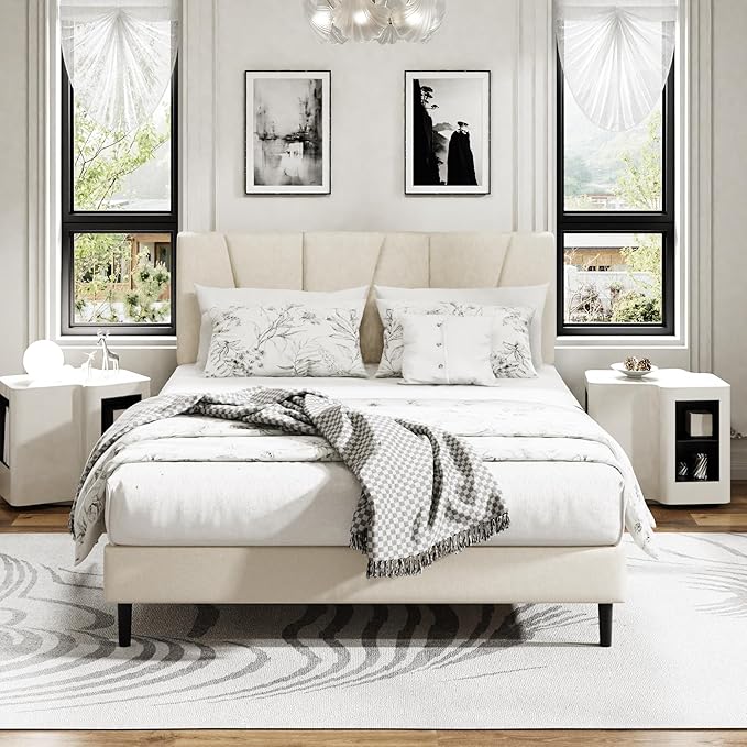 Queen Size Platform Bed Frame with Upholstered Headboard, Wooden Slats Support, Noise Free, No Box Spring Needed, Easy Assembly, Beige, Velvet