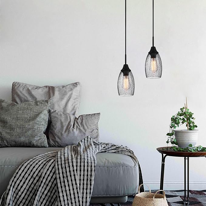 Mini Glass Pendant Light 1-Light 4.72" Handblown Black Seeded Clear Glass Shade,with Matte Black Metal Adjustable Cord Ceiling Light Fixture for Kitchen Island Sink