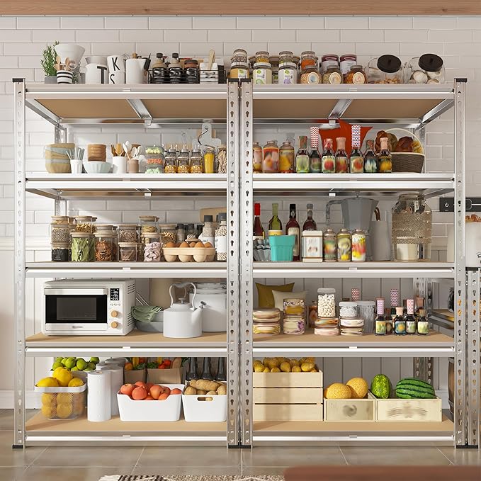 REIBII 2000LBS Storage Shelves 5 Tier Garage Shelving Heavy Duty Metal Shelving Adjustable Garage Shelves for Kitchen Pantry Basement 28" W x 13.8" D x 59.8" H, Silver