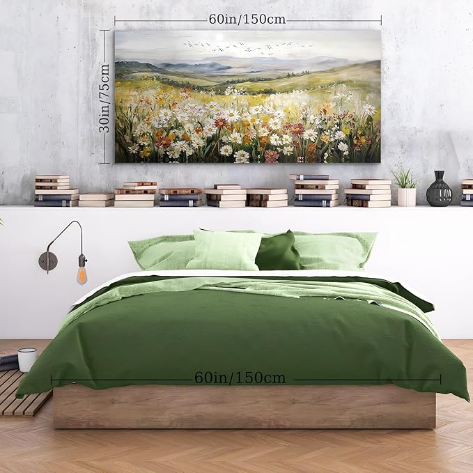 SERIMINO Nature Landscape Wall Art, Mountain Daisy Extra Large Artwork, Wildflower Meadow Rustic Home Decor Art Prints, French Country Aesthetic Paintings Wall Decor Living Room Dining Room 30X60 Inch