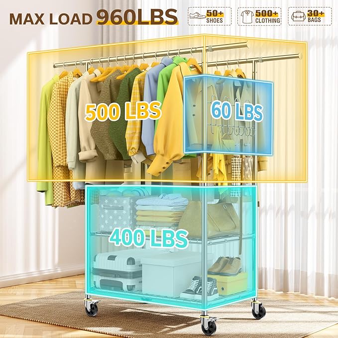 100% Stainless Steel Heavy Duty Clothes Rack, Load 960LBS, Double Rod, Extendable Rolling Garment Rack with Shelves, Modern Style, Recommended for Clothes & Accessories