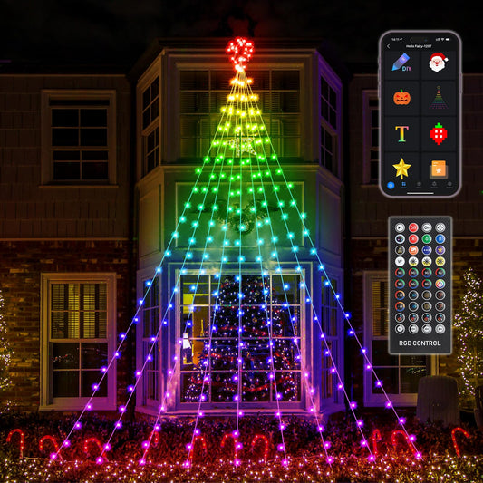 16.4FT Smart RGB Christmas Waterfall Lights with Star, APP & Remote Control, DIY Custom Light Show & Music Sync, Timer, 245 LEDs Color Changing Outdoor Decor for Xmas, Yard, Party