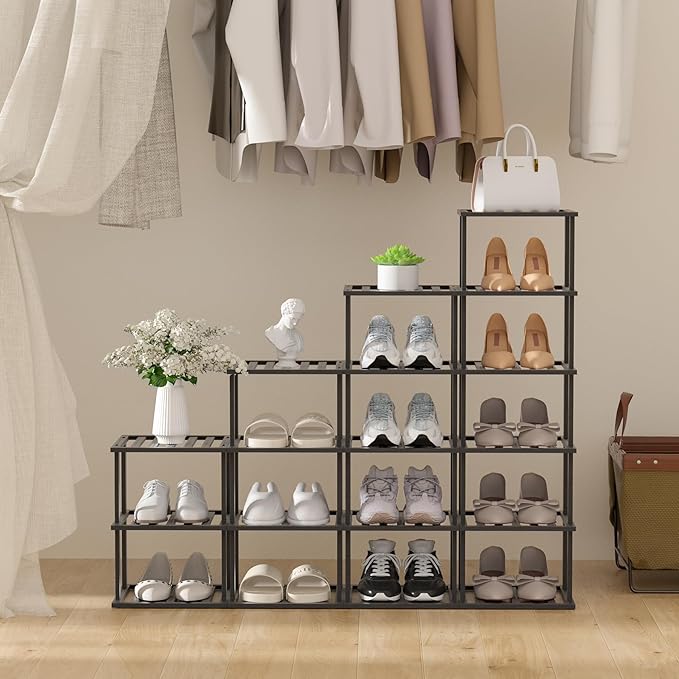 6-Tier Free Standing Shoe Racks, Bamboo Wood Shoe Rack for Entryway & Closet, Beautiful | Natural | Functional | Sturdy Shoe Rack Small Shoe Shelf for Small Spaces and Narrow Spaces Black