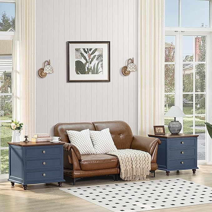 24" Wide Farmhouse Night Stand Set of 2,Large End Table with 3 Drawers & Metal Handle,Blue Dresser for Bedroom,Bed Side Table Chest of Drawers Cabinet,Wood Nightstand for Living Room,Closet