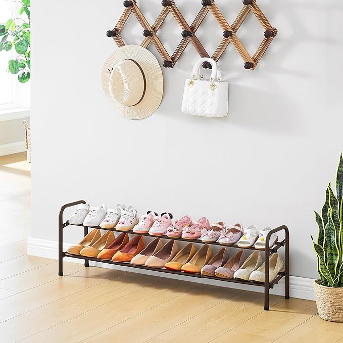 2 Tier Shoe Organizer, Shoe Rack for Closet, 28“ Metal Shelf Can Expandable to 42“, for Bedroom, Entryway, Closet, Garage, Adjustable to 12 Pairs Shoes, Rustic Brown