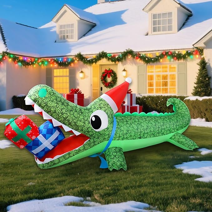 9.3 FT Christmas Inflatable Outdoor Decorations, Inflatables Christmas Crocodile Yard Decor with Christmas Hat & Gift Box, Built-in LED Lights Blow up Xmas Alligator for Outside Lawn Garden Indoor
