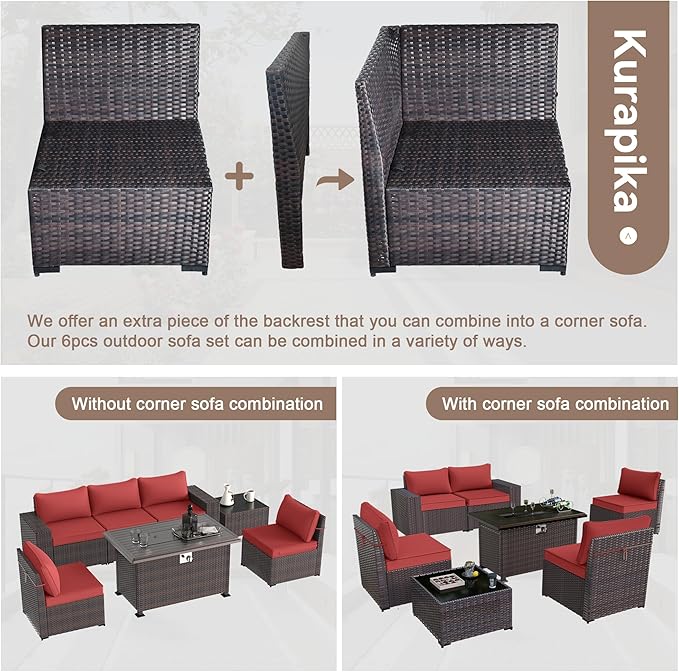 Kurapika 7 Pieces Patio Furniture Set, Rattan Wicker Outdoor Conversation Sets w/43in Propane Fire Pit Table and 4 Inch Cushion(Red)