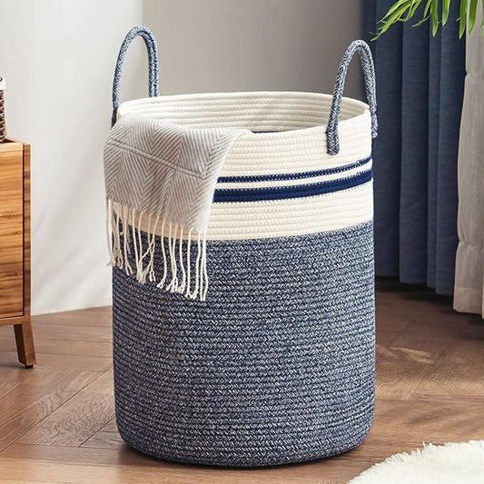 Woven Rope Laundry Hamper Basket by YOUDENOVA, 58L Tall Luandry Basket, Baby Nursery Hamper for Blanket Storage in Bedroom-Large-Blue
