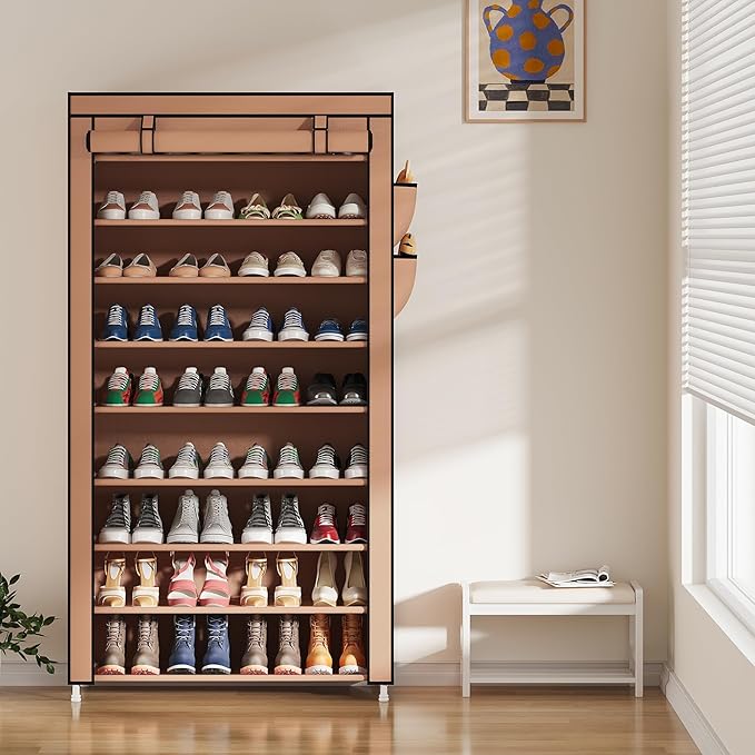 Laiensia 9-Tier Vertical Shoe Rack Organizer, Space Saving Shoe Storage Organizer, Non-Woven Cover Shoe Shelf Holds 36-45 Pairs for Bedroom, Hallway, Closet Entryway, Brown