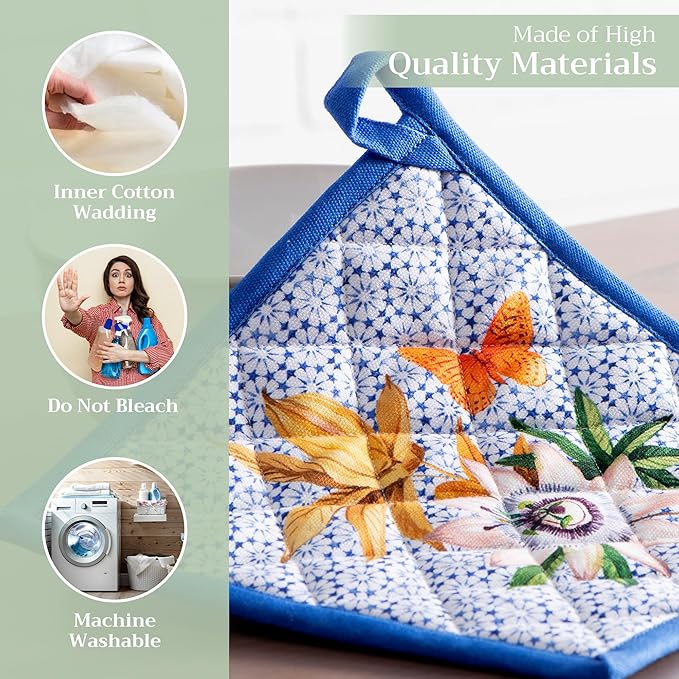 Maison d' Hermine Pot Holders 100% Cotton Heat Resistant Potholders 8" x 8" Hot Pads with Loop BBQ, Cooking, Baking, Grilling, Kitchen, Handling Hot Pans Spring/Summer (Pack of 1, Passiflora)