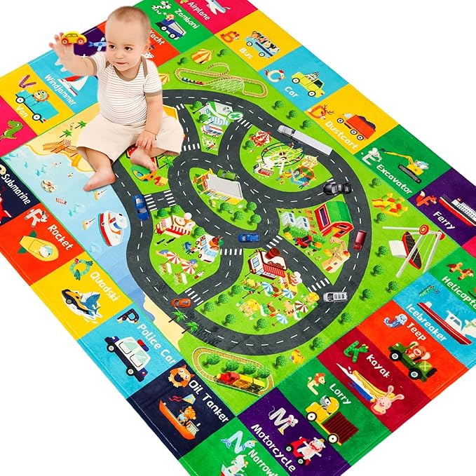 Kids Rugs Traffic Road Carpet Play Rug 47"×31.5" for Playroom Transportation ABC Educational Mat Alphabet Area Rug, Kid Playtime Collection Toddler Car Track Rug Cute Cartoon Animal Letters