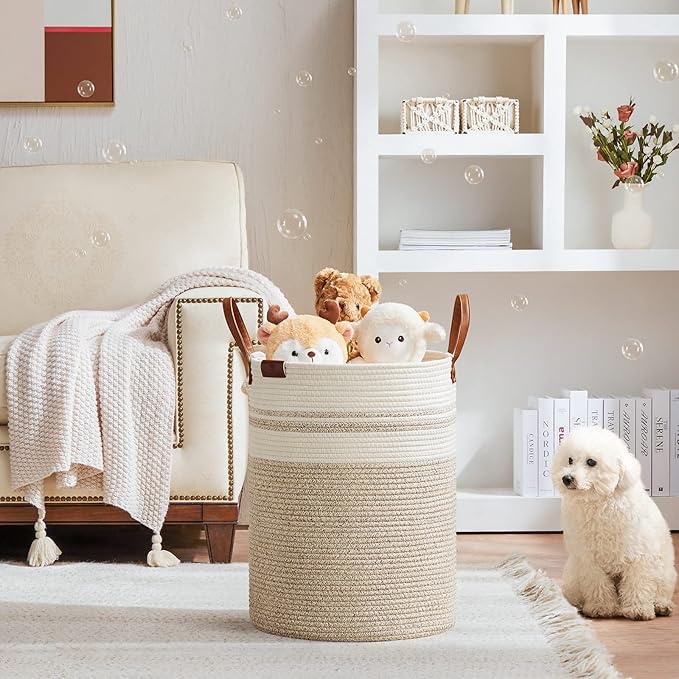 VIPOSCO Tall Laundry Basket, Large Dirty Clothes Hamper with Leather Handle, Woven Rope Storage Basket for Blanket, Toy In Living Room, Bathroom, Bedroom - 58L Brown & White