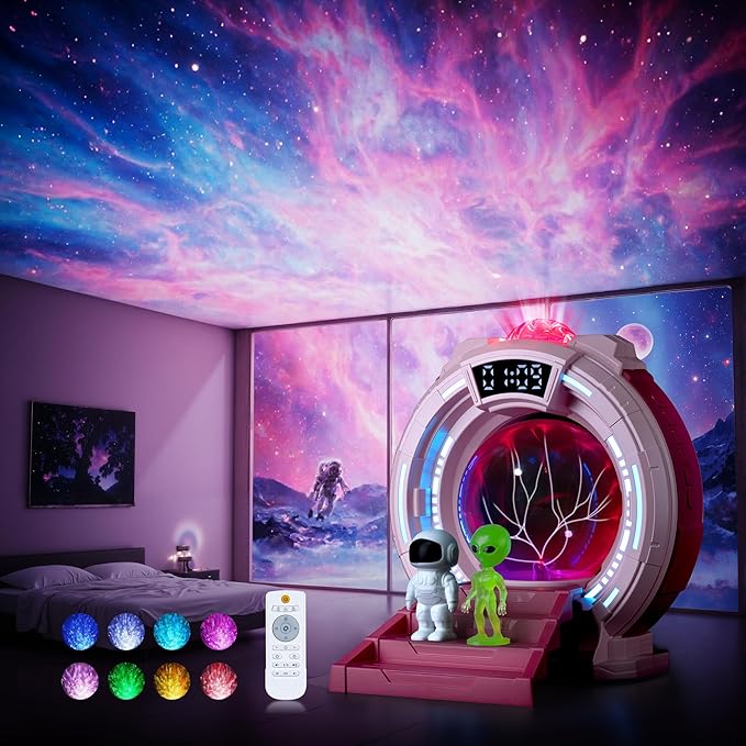 Space Portal Plasma Ball Night Light, LED Galaxy Projector Alien Lamp with White Noise, Bluetooth Music Speaker Alarm Clock,Remote,Star Light for Kids Room Decor Lamp, Christmas/Birthday Gift.(Pink)