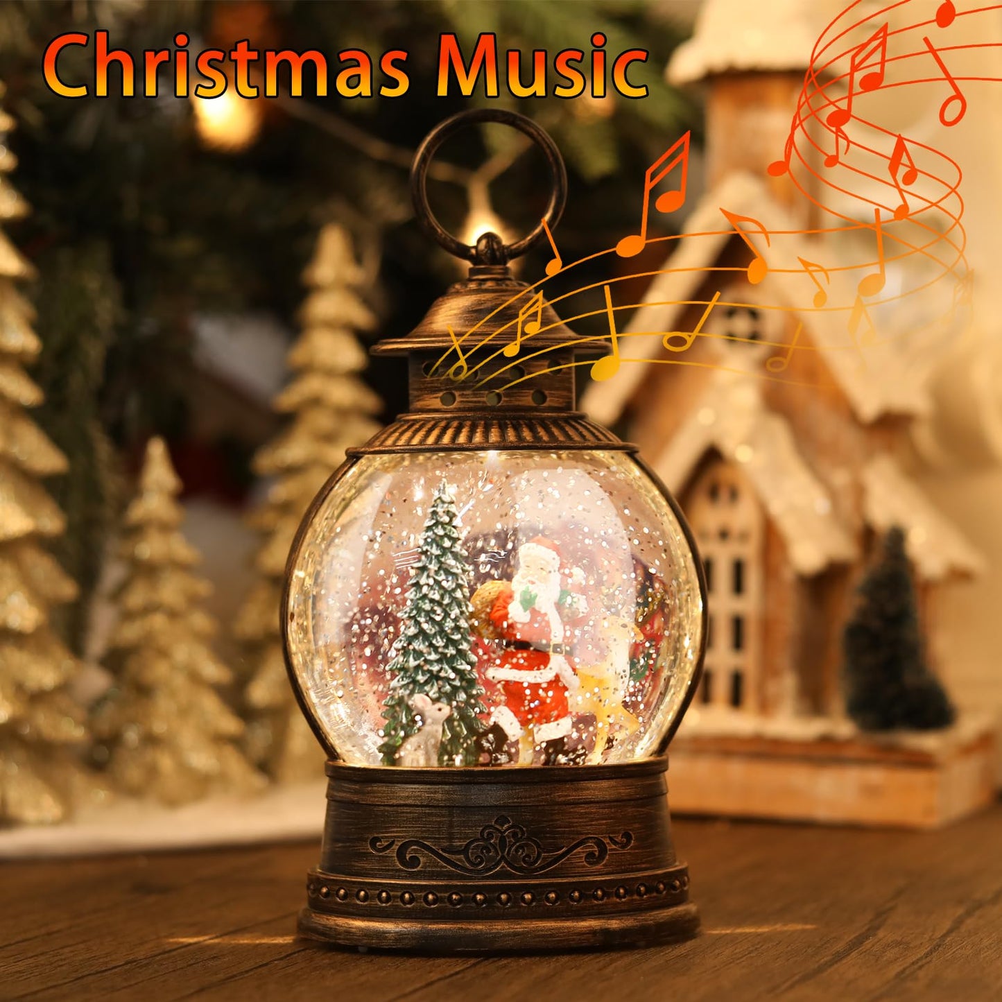 Christmas Snow Globes Christmas Decorations, Lighted Musical Snow Globes Lantern, Santa Decoration Indoor Home Décor & Gift, 6H Timer, USB/Battery Operated