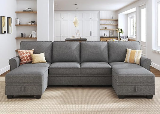 HONBAY Convertible Sectional Sofa with Storage U Shaped Sectional Couch with Reversible Chaise Small Sectional Couches for Living Room,Grey